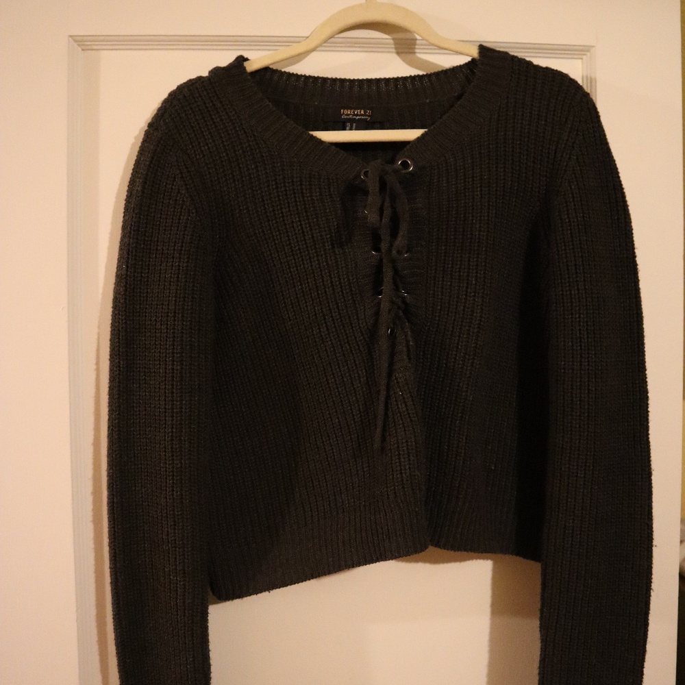 Cropped lace up knit sweater